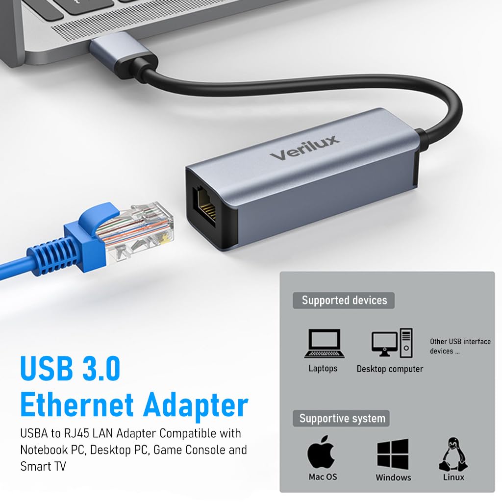 Verilux USB to Ethernet Adapter with USB 3.0 Gigabit RJ45 Connection for Laptops and PCs