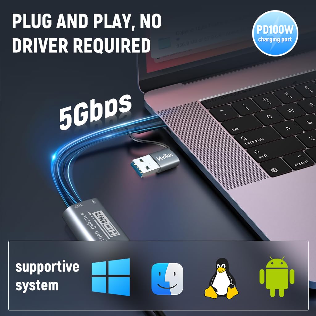 Verilux® HDMI to USB Video Capture Card 2 in 1 HDMI to USB/USB C Video Capture Card Supports 100W PD & 4K 1920 * 1080@60Hz Universal HDMI to USB Adapter Switch, PS5/4, Live Broadcast, Gaming