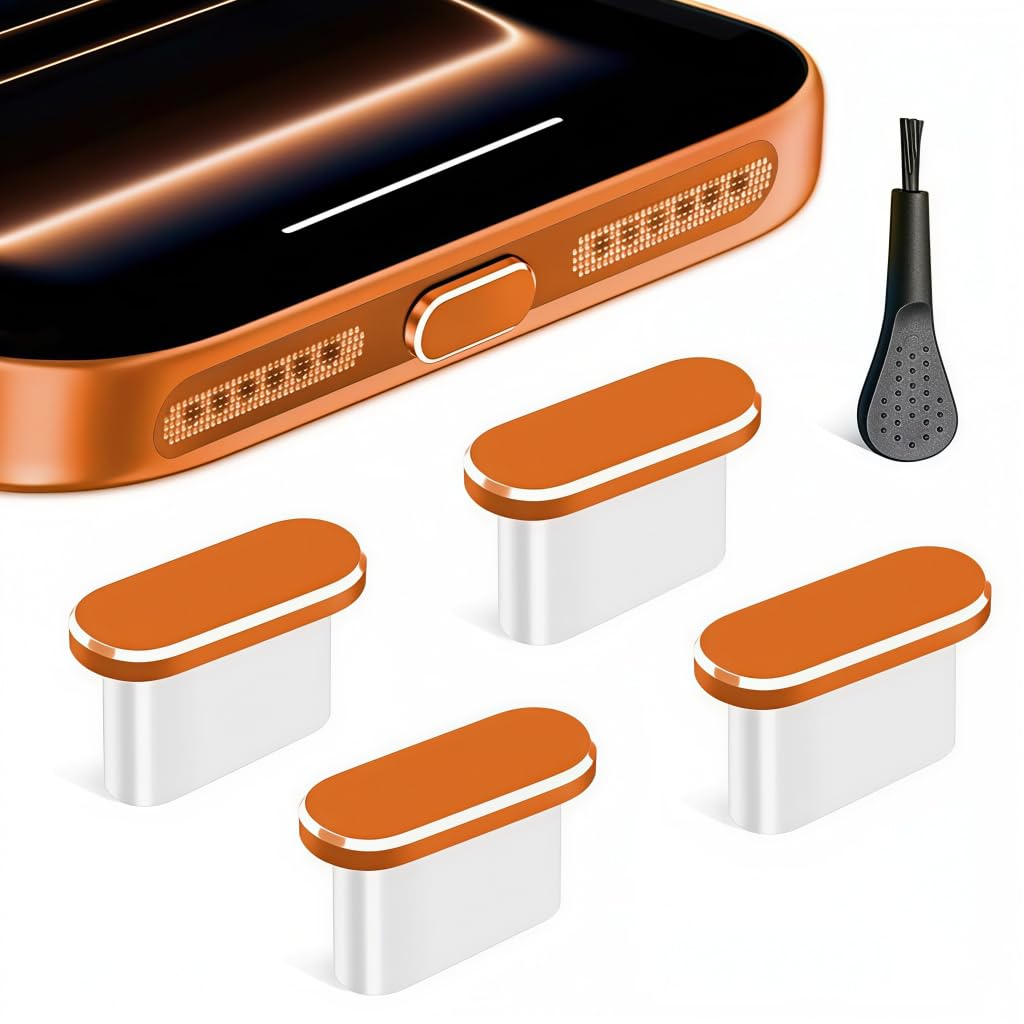 ZORBES® 4Pcs Type C Dust Plugs, Silicone Type C Dust Plugs with Metal Cap, Includes Cleaning Brush, Orange
