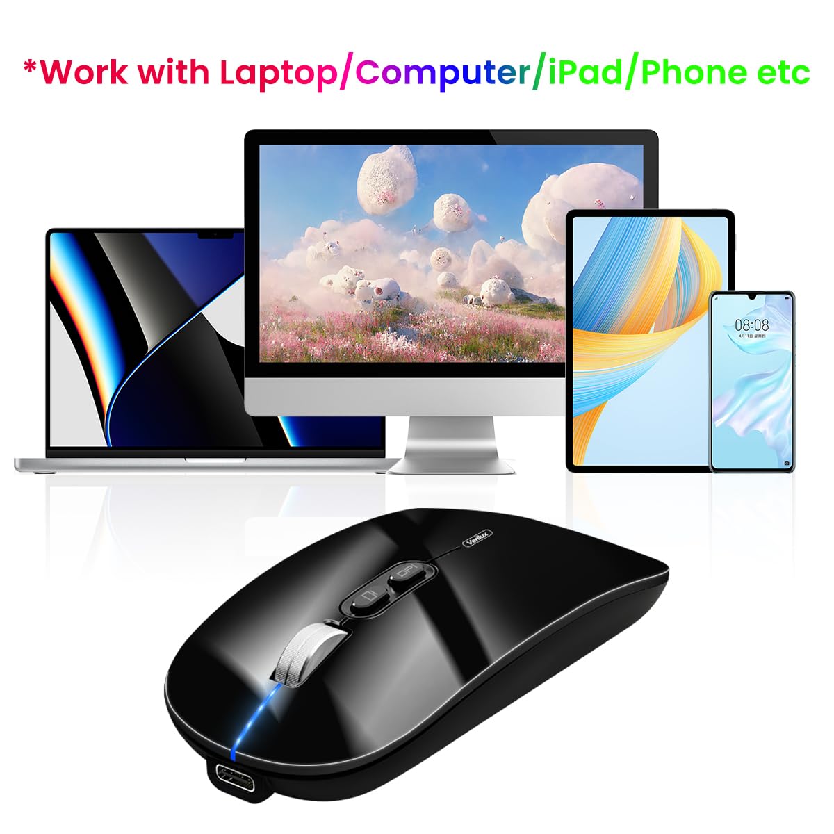 Verilux Wireless Mouse for Laptop featuring Dual Mode 2.4G and 5.1 Bluetooth | 1600DPI Rechargeable Ergonomic Black