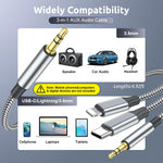 Verilux 3 in 1 Car Aux Cable for iPhone and USB C Devices featuring 1.5m Nylon Braid | 3 PCS