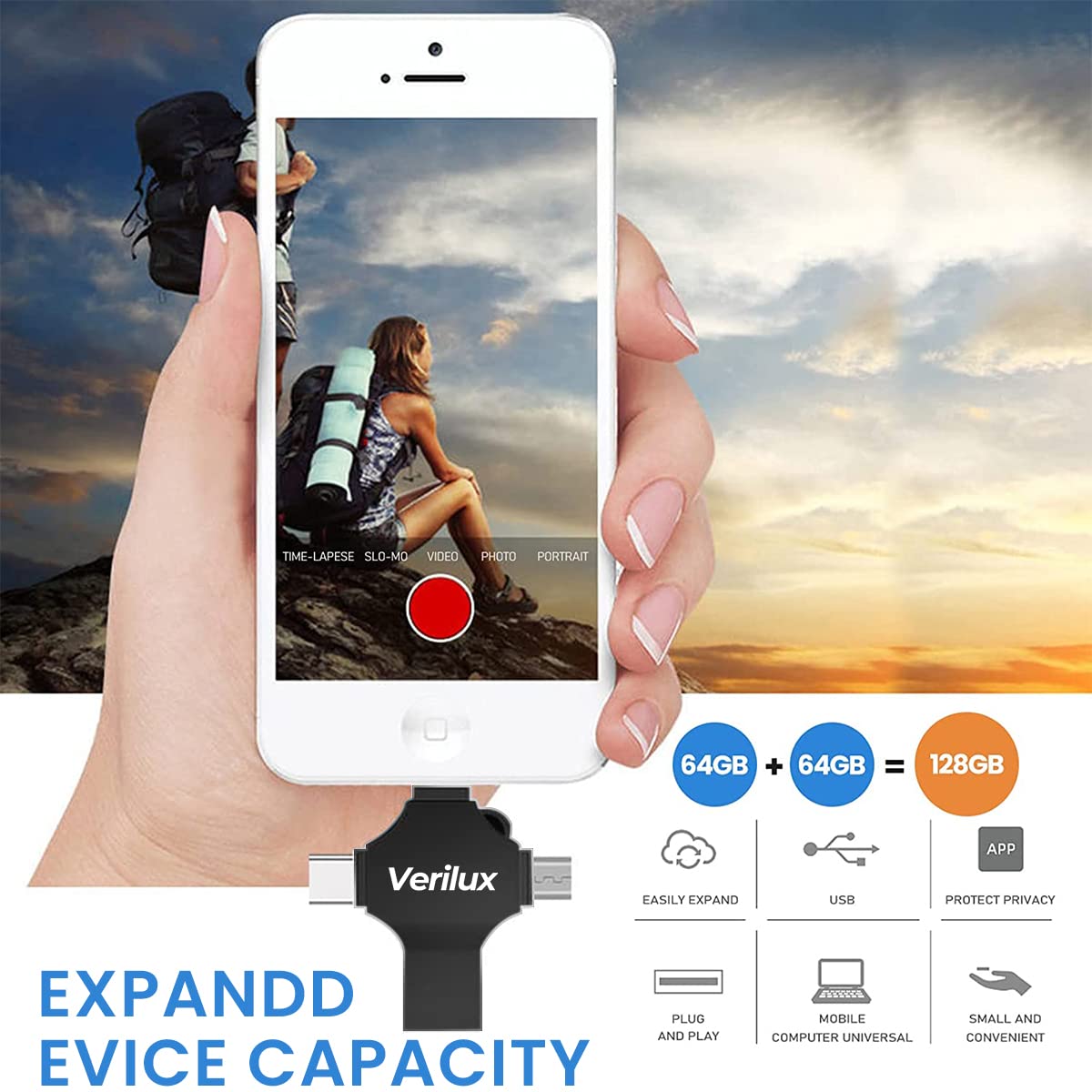 Verilux 4 in 1 Pendrive 64GB for iPhone iPad and Android with Type C Interface | Brushed Metal Design