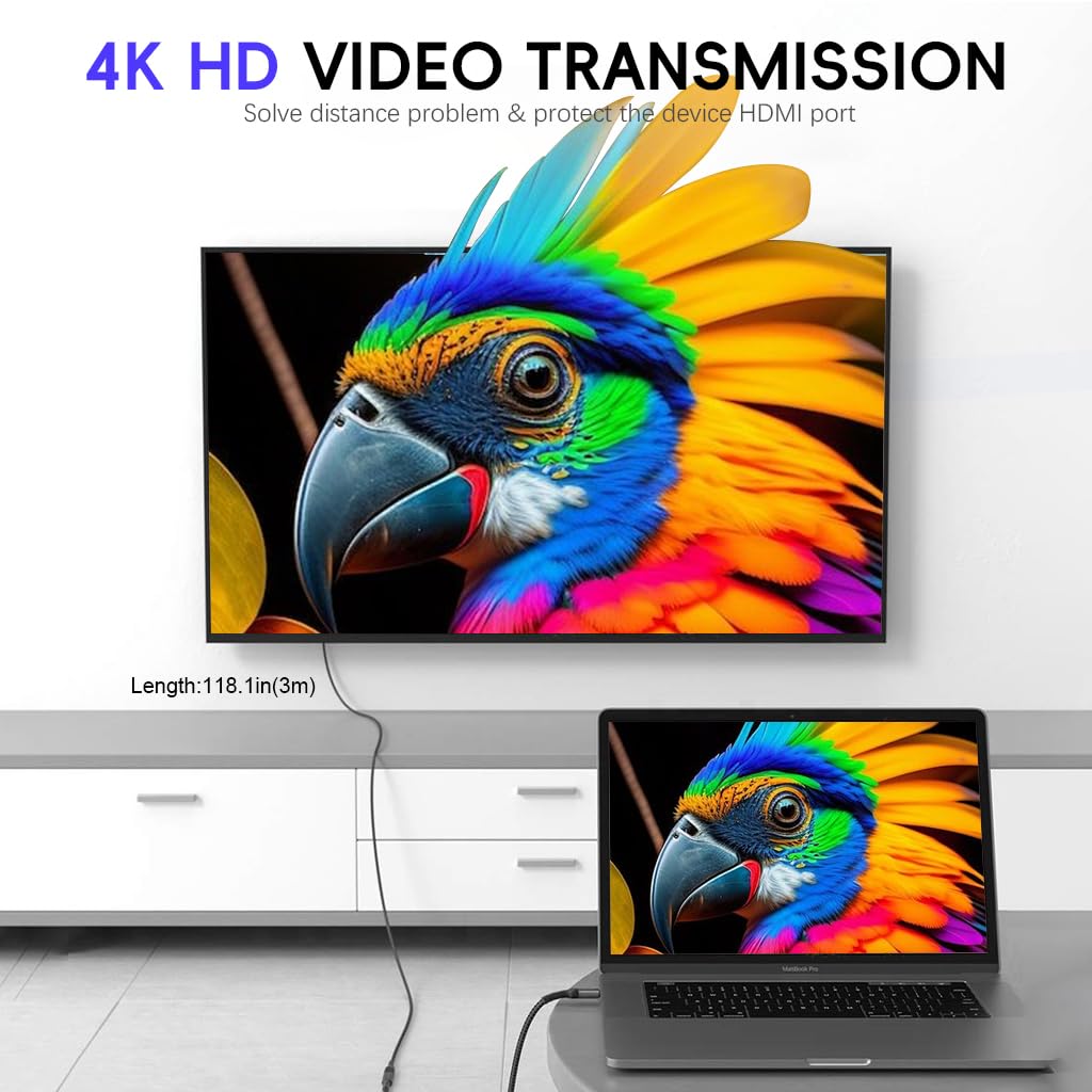 Verilux USB C Extension Cable 9.8 ft with 100W PD Fast Charging and 10Gbps Transfer | 4K Output