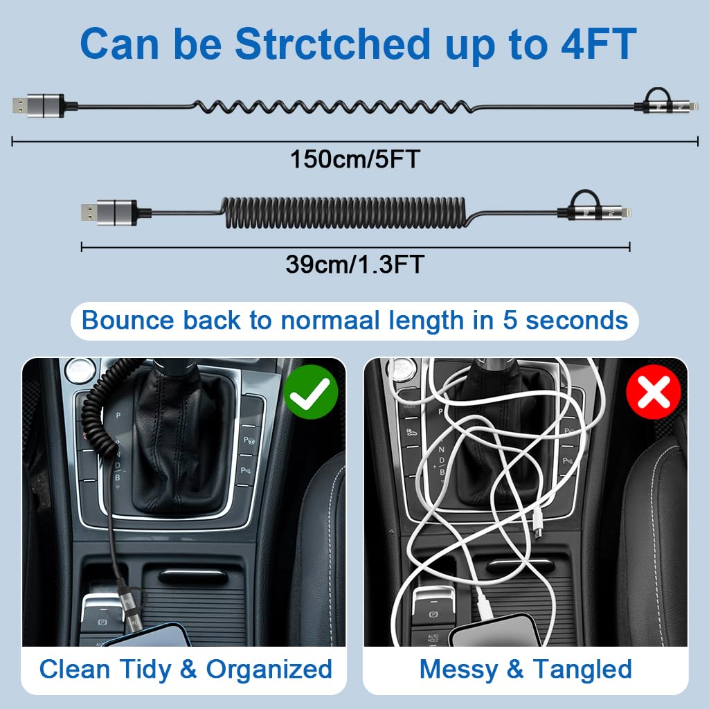 Verilux Type C Charger Cable 4 in 1 4 ft 1.2 m with PD 60 W Fast Charging and Spring Coil Design