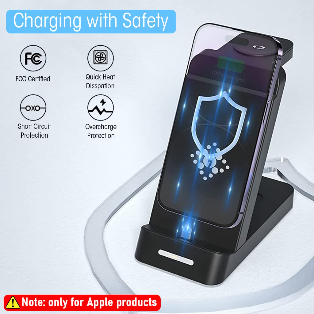 ZORBES® Charging Station for iPhone, for Airpods, for iwatch, 3-in-1 Charger Station with Power Adapter, Fast Wireless Charger Stand for 14/13/12/11/iPhone X/SE Series, Airpods, AirPods Pro, iwatch