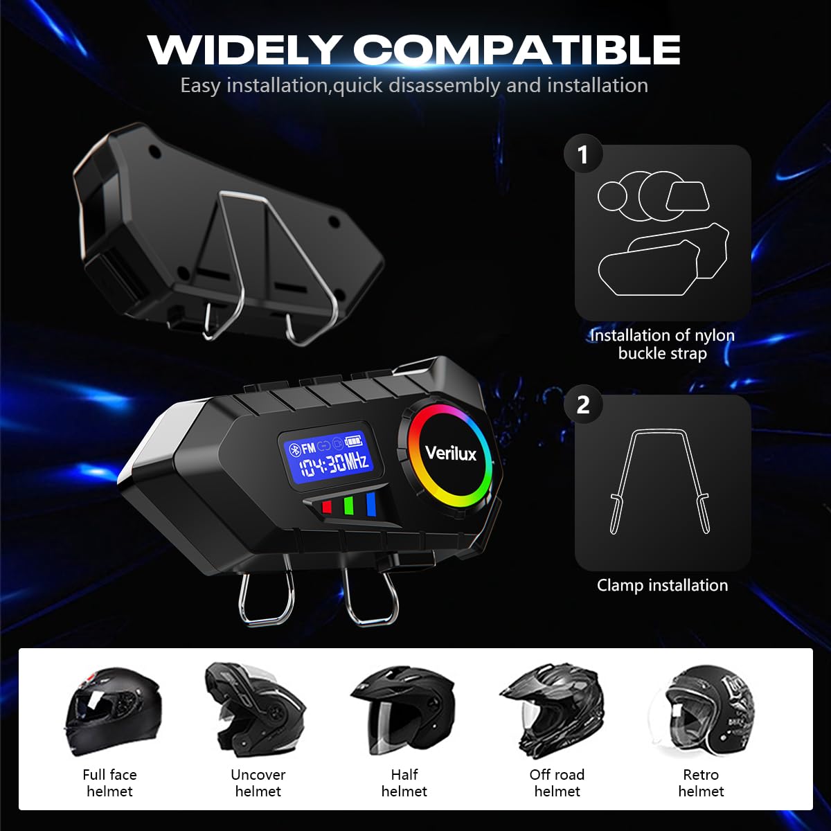 Verilux Bluetooth Helmet Headset for Motorcycles and Outdoor Sports featuring Noise Reduction Mic & LCD Display | IP65 Waterproof with 10 m Range