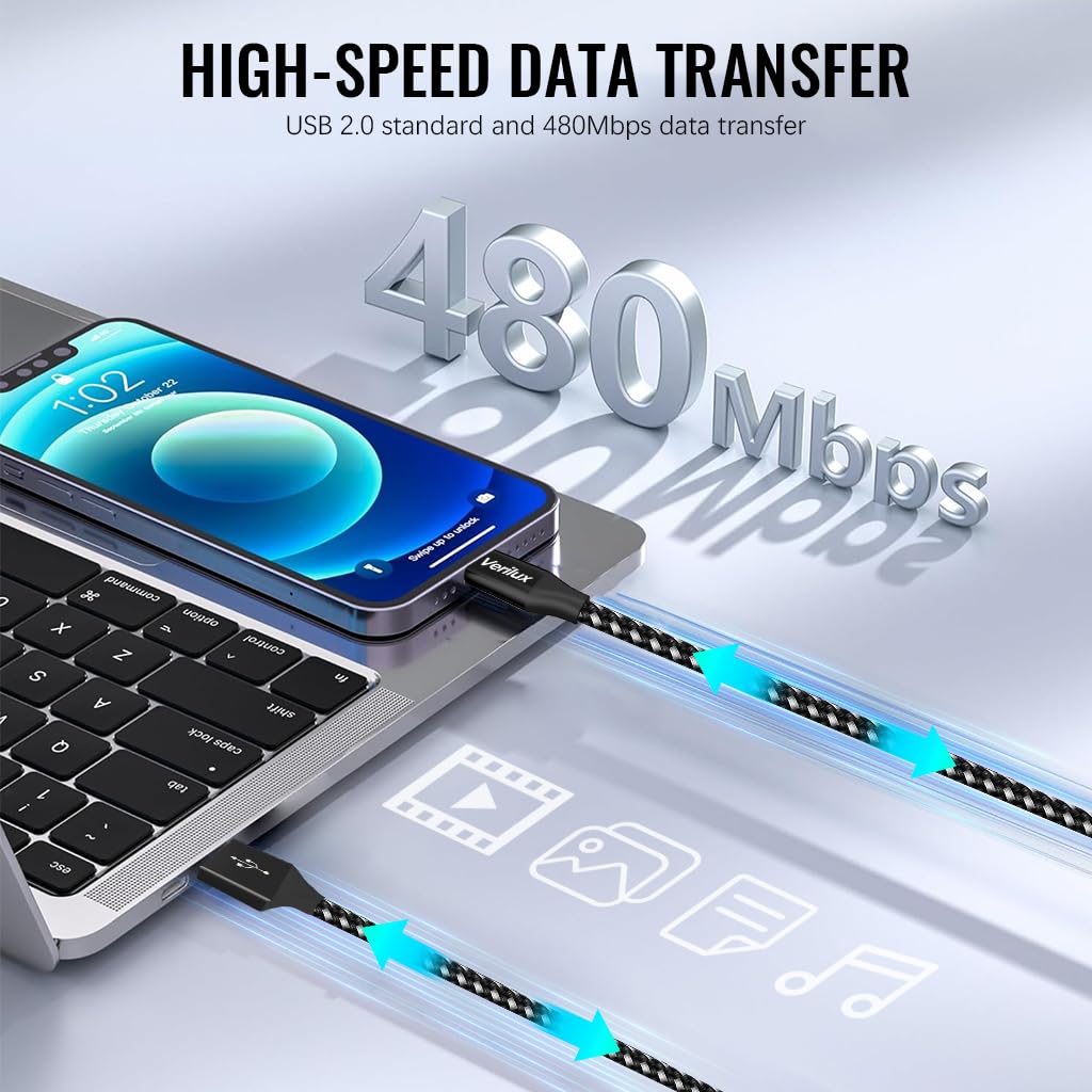 Verilux® 10ft USB C Charging Cable Data Cable USB A to Type C Cable Travel USB to Type C Cable Data Cable Long Braided Nylon Type C Cable for Phone, Tablet