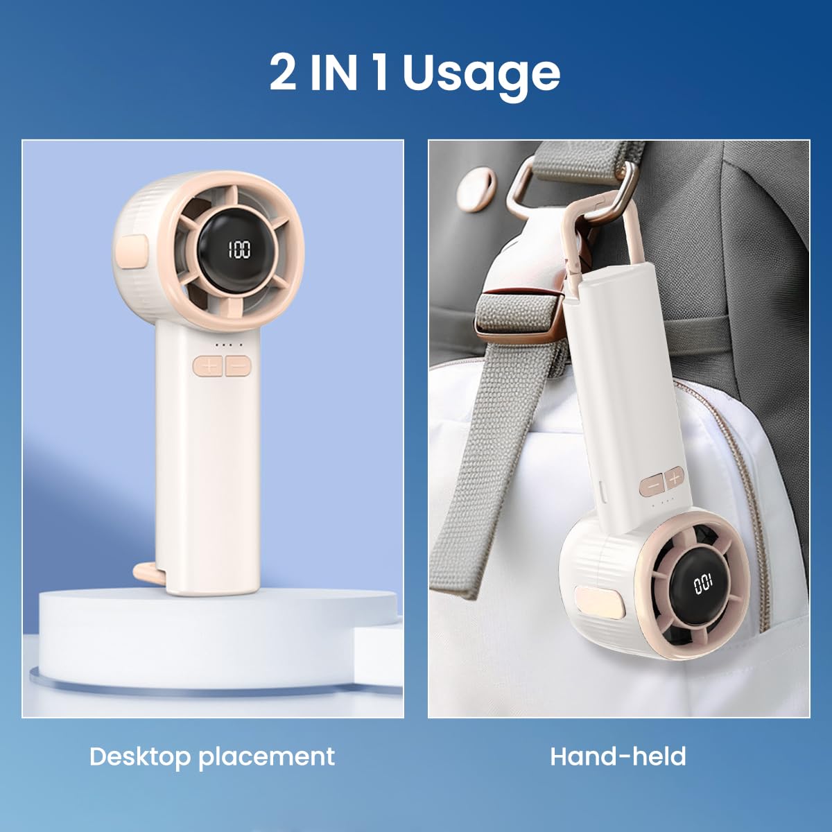 Verilux USB Handheld Fan for Travel and Hiking featuring Stepless Airflow with Digital Display