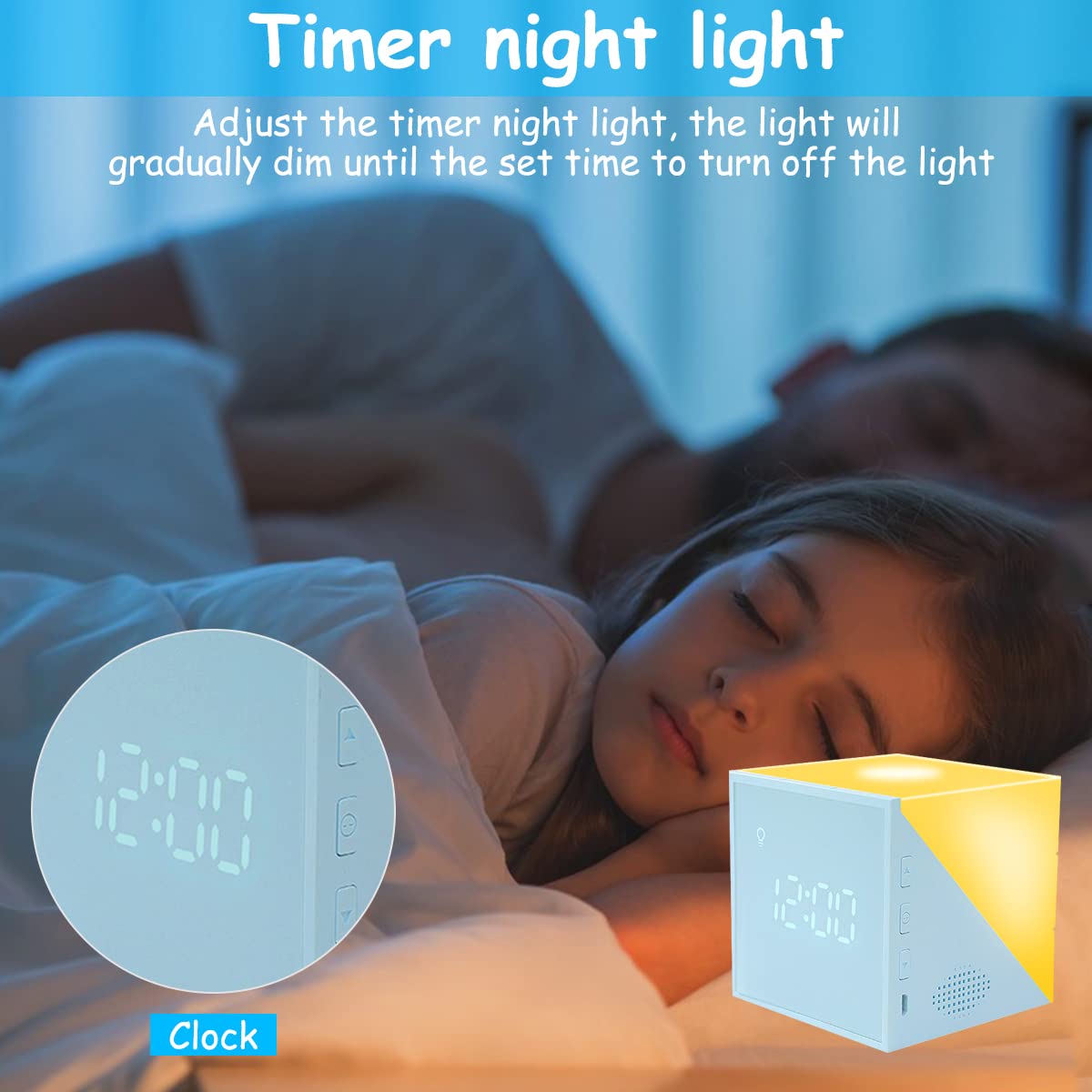 ZORBES® Night Lamp with Alarm Clock, Cube LED Night Light USB Alarm Clock Warm Light Night Lamp for Bedroom Smart Sound Control Timer Function RGB Light Switching Night Lamp for Students Kids Adults
