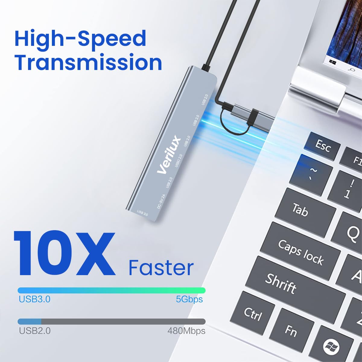 Verilux® USB Hub USB C Hub with USB Adapter 7 in 1 USB Hub for Data Transfer Universal USB C Hub with USB 3.0 Port & 3 USB 2.0 Ports, USB C Port Compatible with Laptop, MacBook Air, Mac Mini/Pro