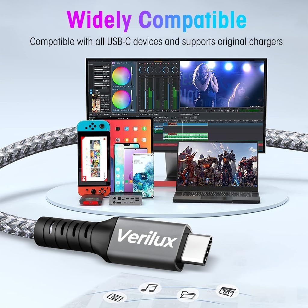 Verilux USB C Cable for Laptops and Phones with 240W PD Fast Charging | 4.9Ft USB4 Data Transfer