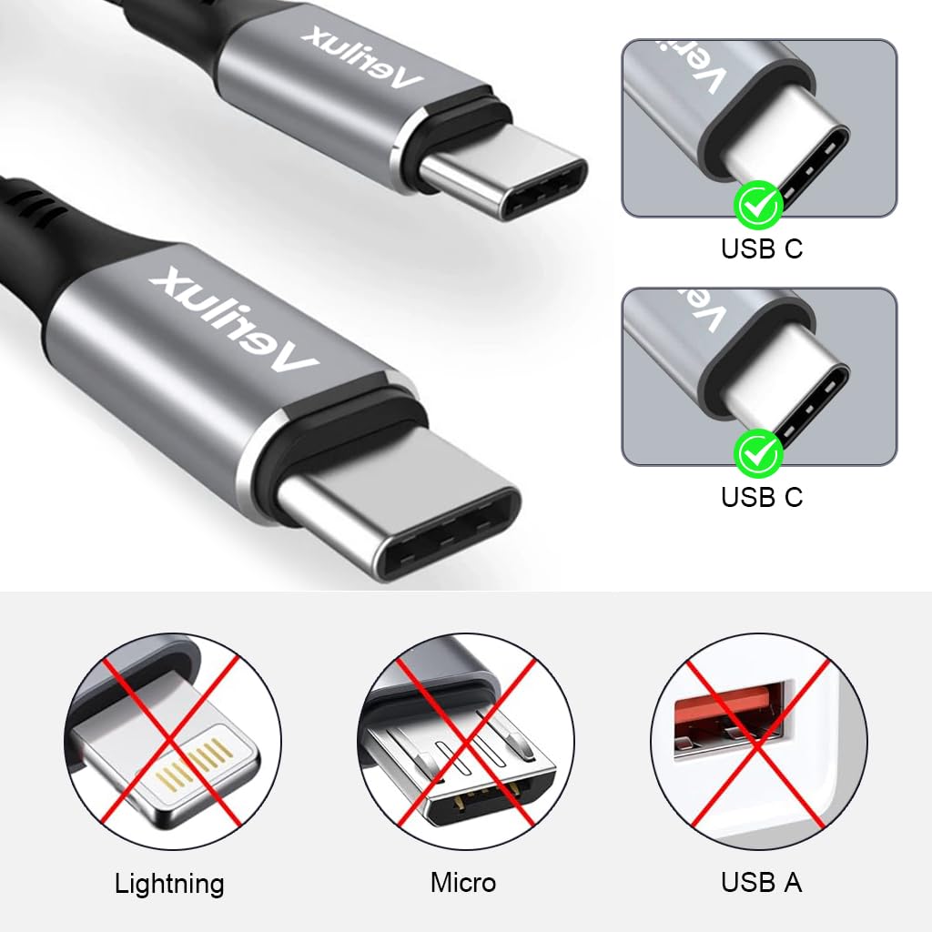Verilux Type C to Type C Cable with 60W PD Fast Charging and 9.8 ft Nylon Braided Design