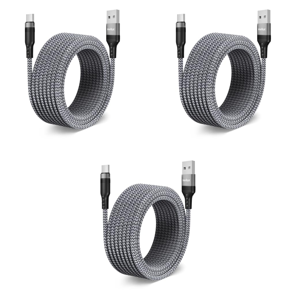 Verilux USB C Cable for Fast Charging and Data Transfer featuring 16.4ft Nylon Braided Design | 3 PCS