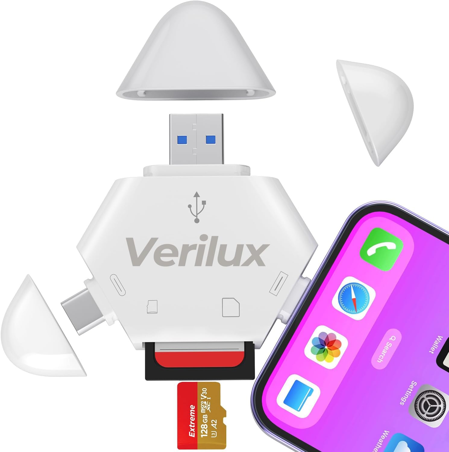 Verilux SD Card Reader in Micro SD Card Reader with Light-ning, USB A, Type-C Interface, OTG Card Reader with Magnetic Cap Memory Card Reader