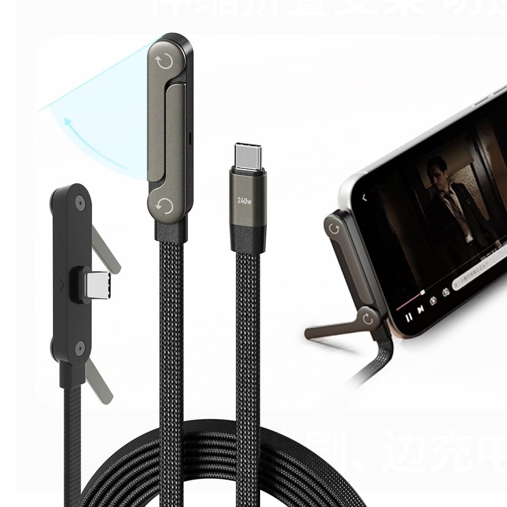 Verilux® PD 240W Type C Cable Fast Charging with Stand, 6.6Ft Nylon C Type Charger Cable with 480MBPS Data Transfer, C Type Cable Right Angle for iPhone 17/17 Pro/17 Por Max/16/15, Galaxy S25/S24