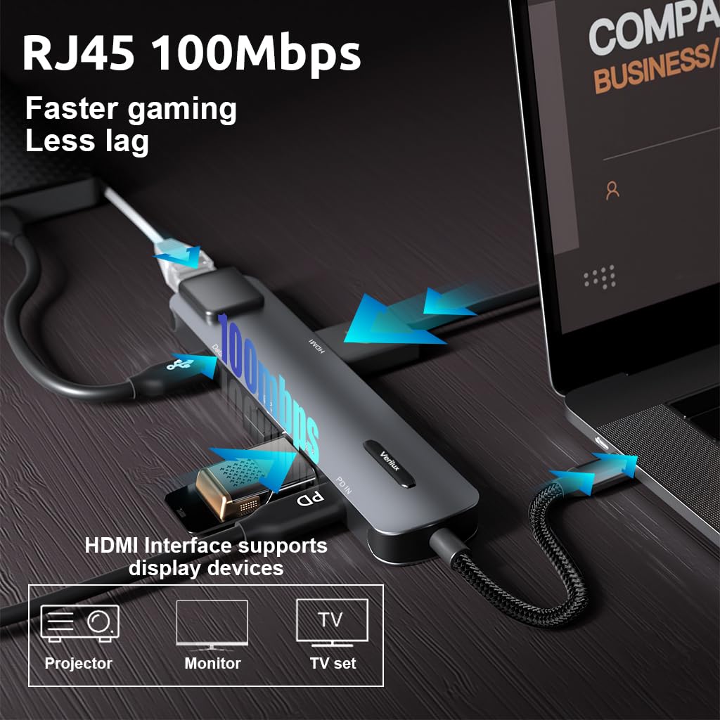 Verilux® USB C Hub with Ethernet 6 in 1 USB Type C Hub with 4K HDMI Converter, PD 100W Charging Port, Multi USB Port for Laptop with USB Hub 3.0 and 2.0 for MacBook Air M1 Pro, iPhone 15 Max Pro Plus