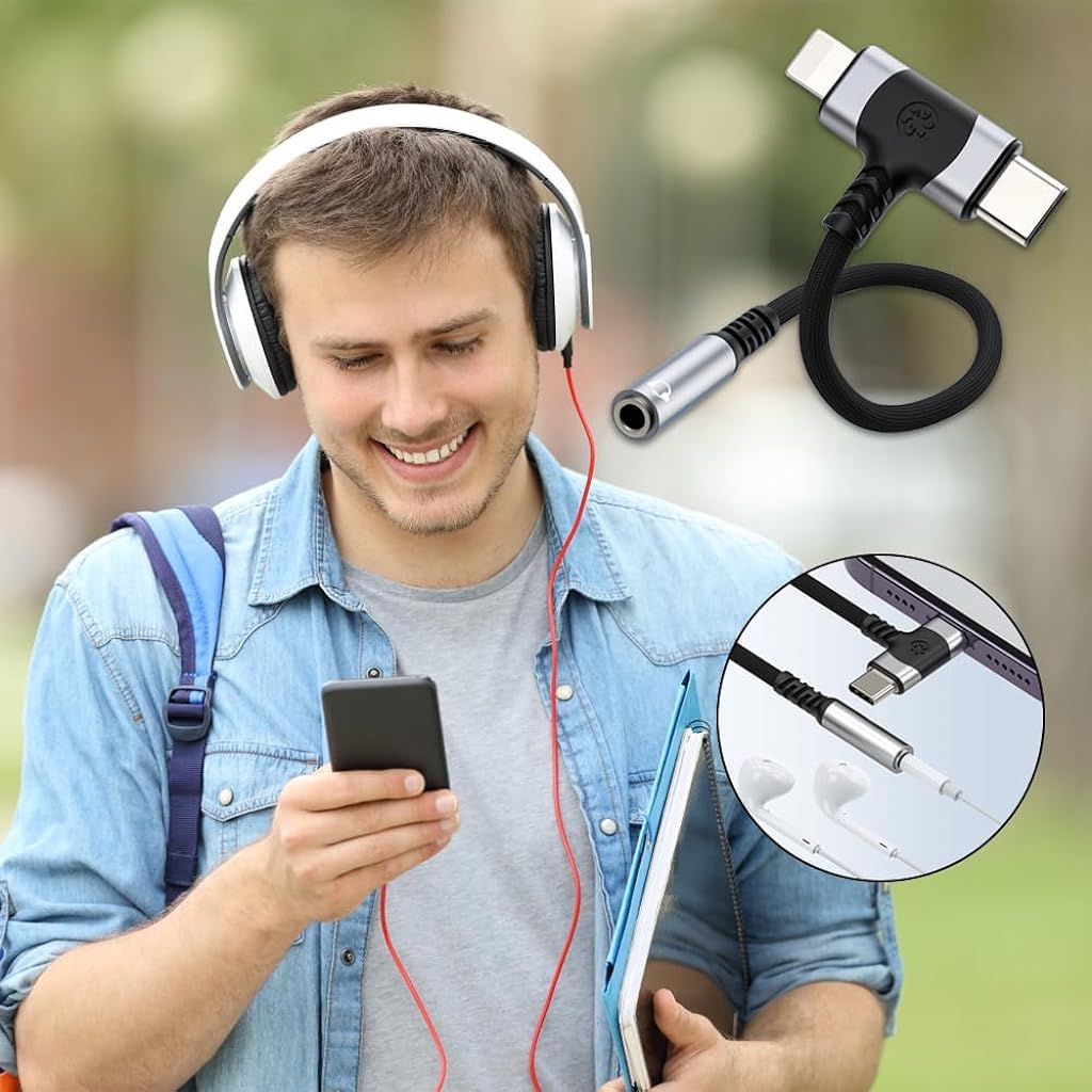 Verilux 2 in 1 Aux Audio Adapter for iPhone and Type C Devices featuring 48 KHz 24 bit Sound | Nylon Braid Plug and Play Design