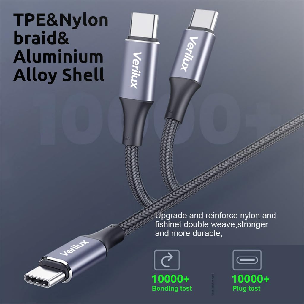 Verilux Type C to Type C Cable for Fast Charging with 6.6ft Length | Nylon Braided 100W