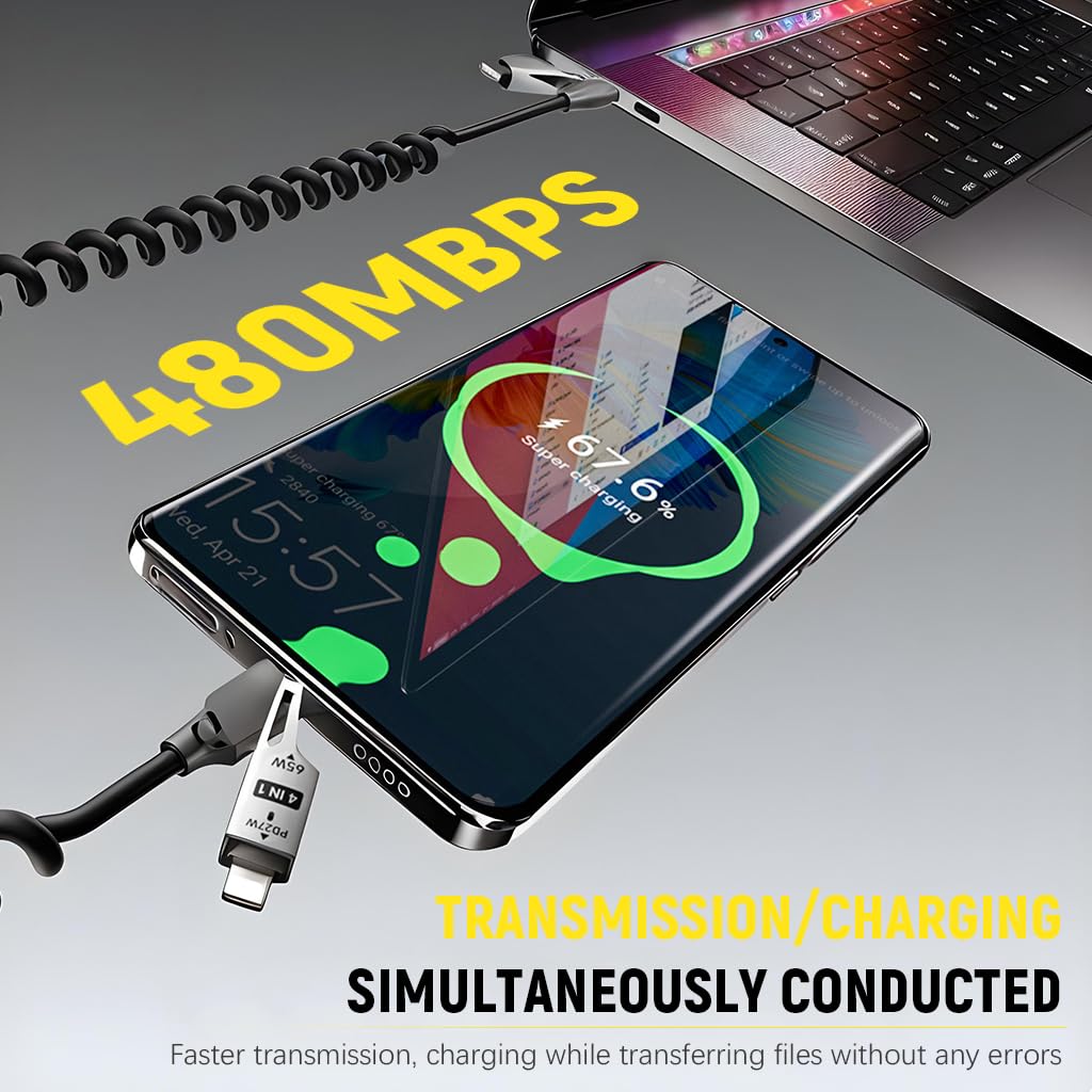 Verilux Type C Cable 4 in1 Fast Charging 65W with Spring Coiled Design and 480Mbps Data Transfer