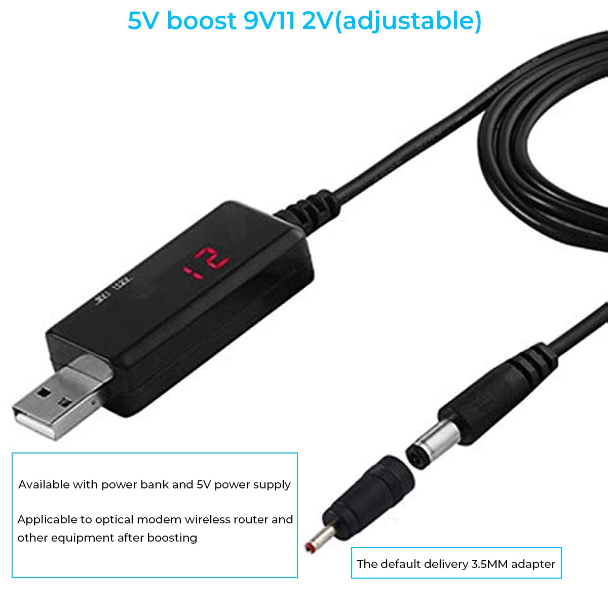 Verilux USB to DC Power Cable Boost Converter for Router and Devices with Switch & LED Display 5V to 9V 12V