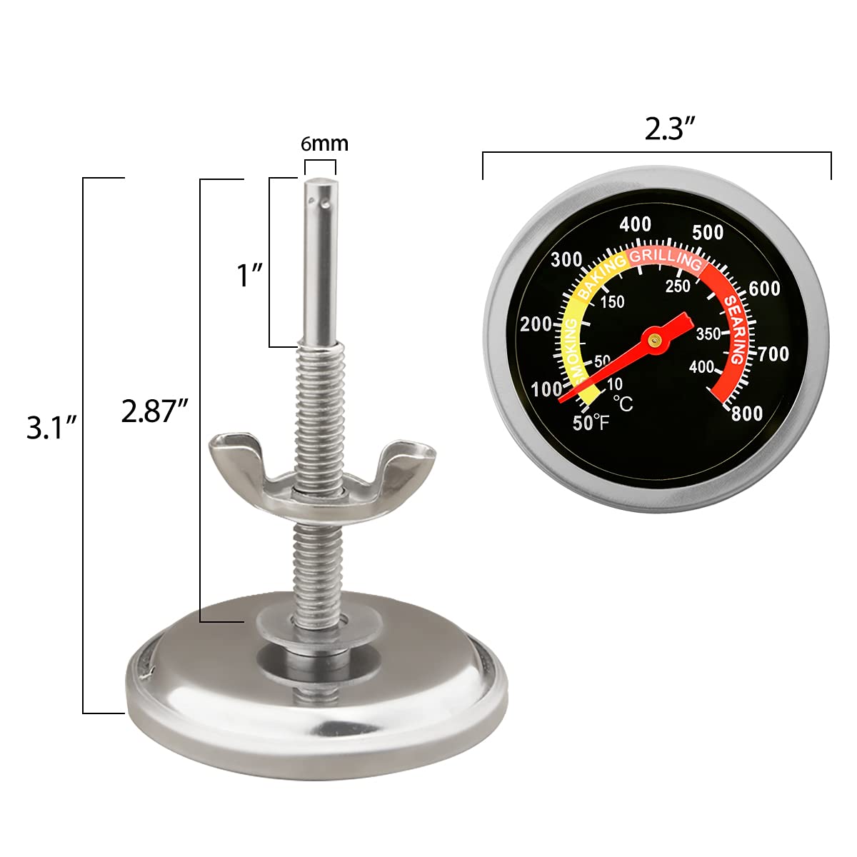 ZORBES® 430 Stainless Steel BBQ Charcoal Grill Pit Thermometer Smoker Temperature Gauge with Fahrenheit and Heat Indicator for Meat Cooking Lamb Beef