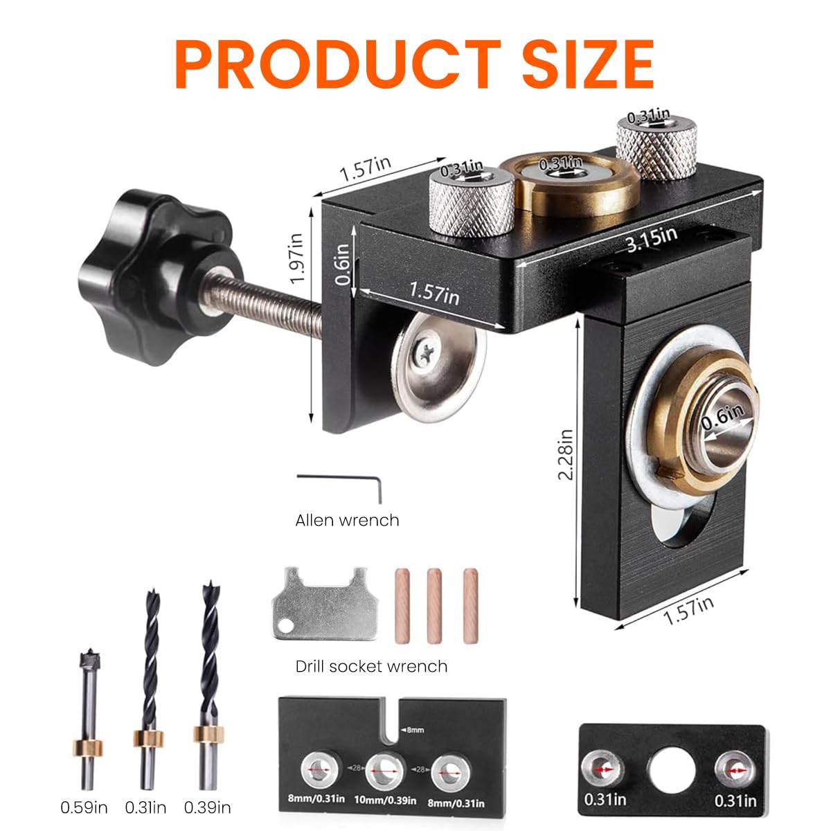 Serplex® 3 in 1 Dowel Jig Drill Kit, Woodworking Dowel Drilling Guide Set with 8/10/15mm Hole Dowel Pins, Adjustable Pocket Hole Jig Kit with Positioning Clip Adjustable Drill Guide Puncher Locator