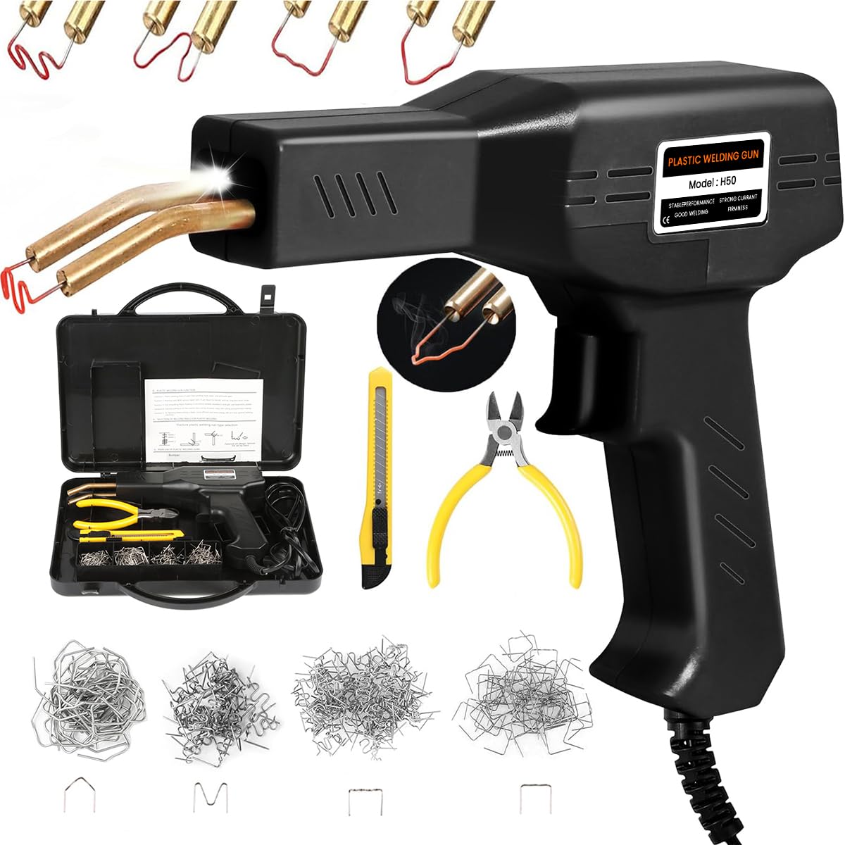Serplex® 50W Plastic Welder, Welding Machine Hot Stapler Kit, Plastic Welder Gun Kit, Car Bumper Repair Kit, Plastic Repair Kit with Staples, Portable Toolbox, for Bumper/Kayak/Plastic Product Repairs