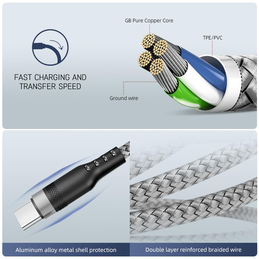 Verilux USB C Cable for Fast Charging and Data Transfer featuring 16.4ft Nylon Braided Design | 15W 3A Power Delivery
