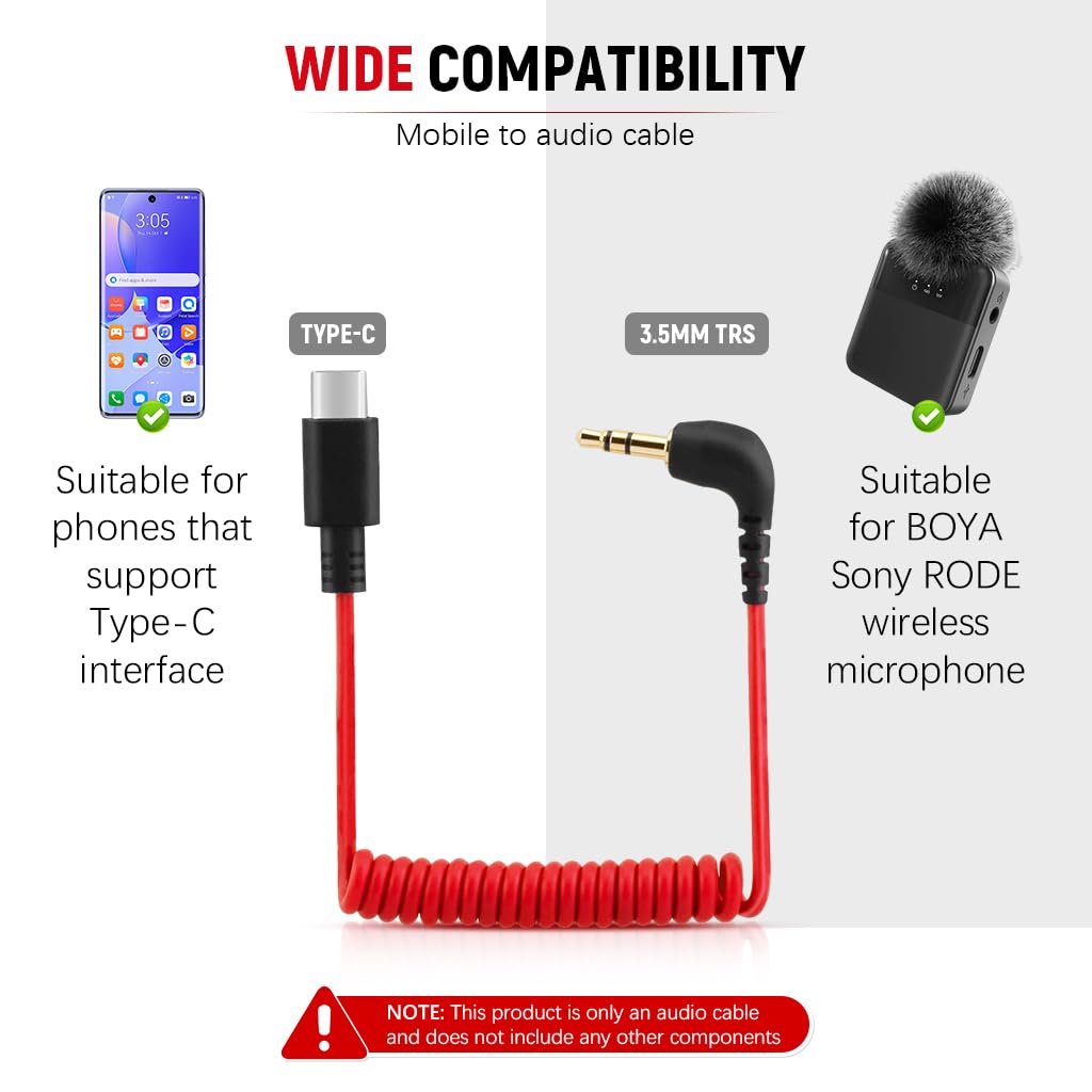 Verilux® USB C to 3.5mm Jack Audio Cable for i Phone 15 Coiled Audio Cable TRS Microphone Adapter Universal Mic Cable for Sony, for Boya Microphones & Audio Equipment