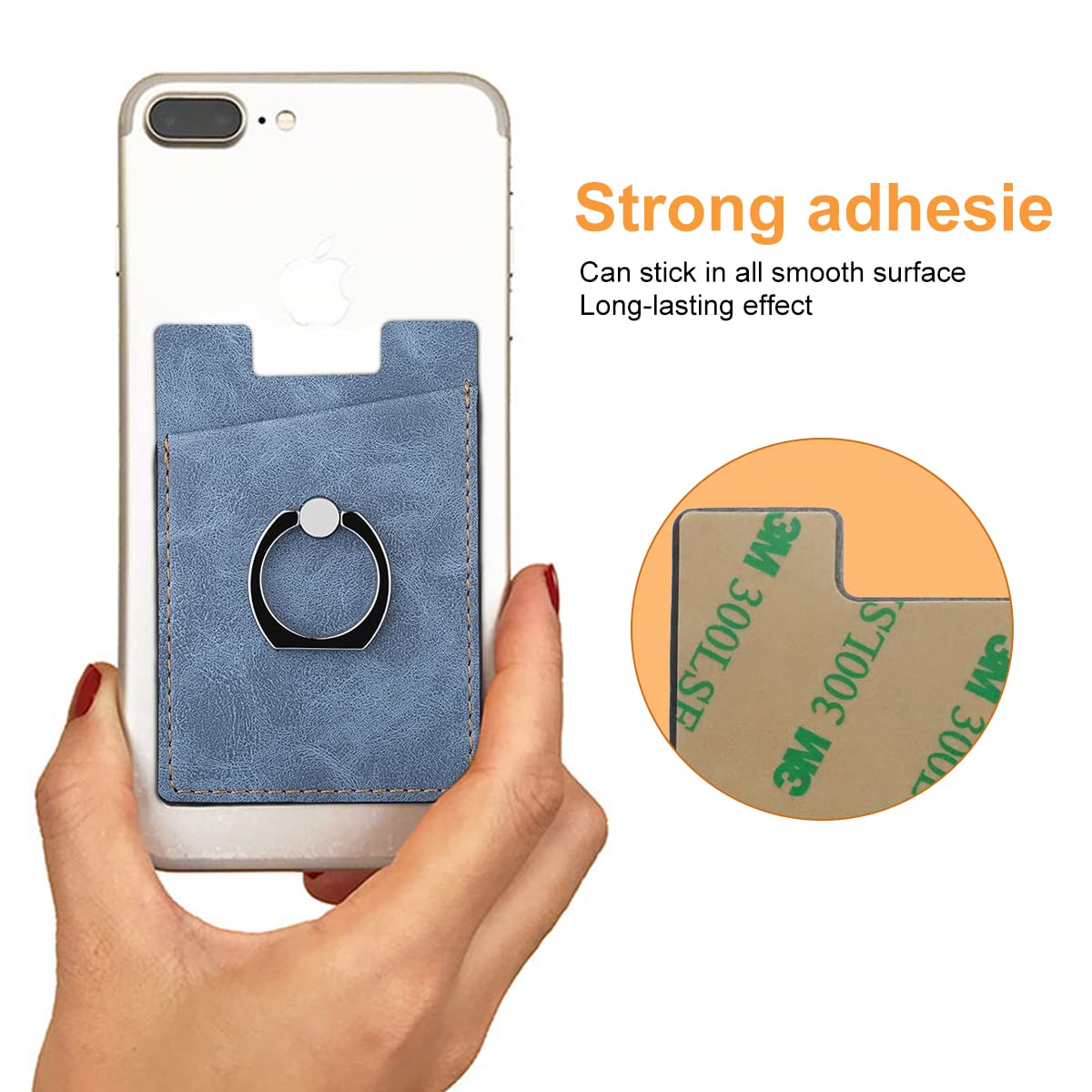 Verilux Phone Card Holder for Smartphones with 360° Rotatable Finger Ring | Blue PU Leather 10.3×6.1 cm