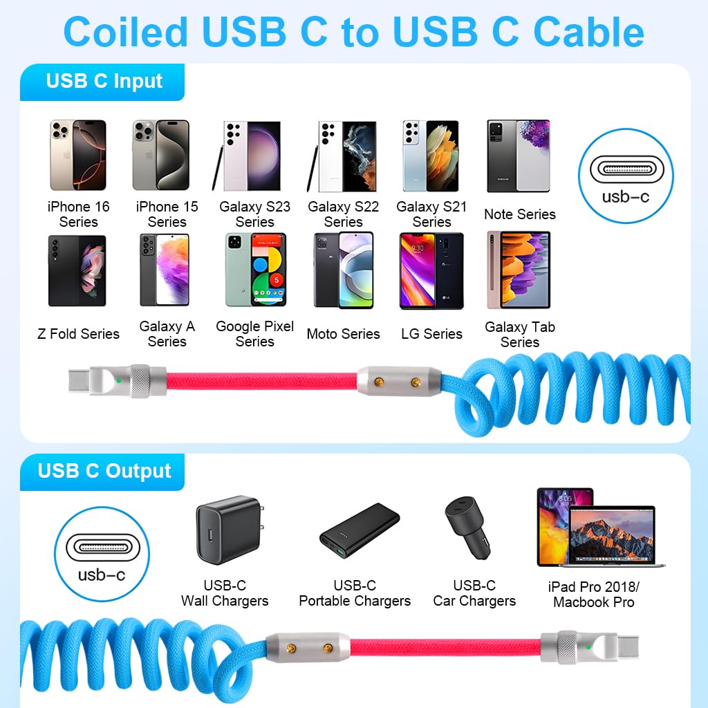Verilux® PD 66W Type C Cable Fast Charging with Spring, 5.9Ft C Type Charger Cable with 480Mbps Data Transmission, No Tangle Retractable Type C Cable for iPhone 17/17 Plus/17 Pro/16/15, Galaxy S25/S24