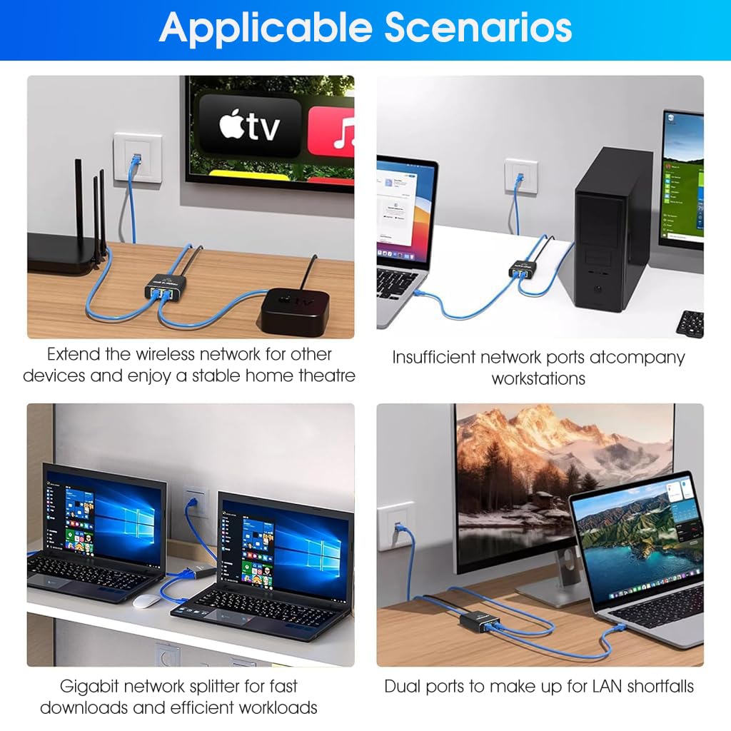 Verilux® Ethernet Splitter USB C Powered 1000Mbps 1 to 2 Ethernet Splitter Ethernet Network Splitter Portable Gigabit Ethernet Splitter for Home, Office, Travel