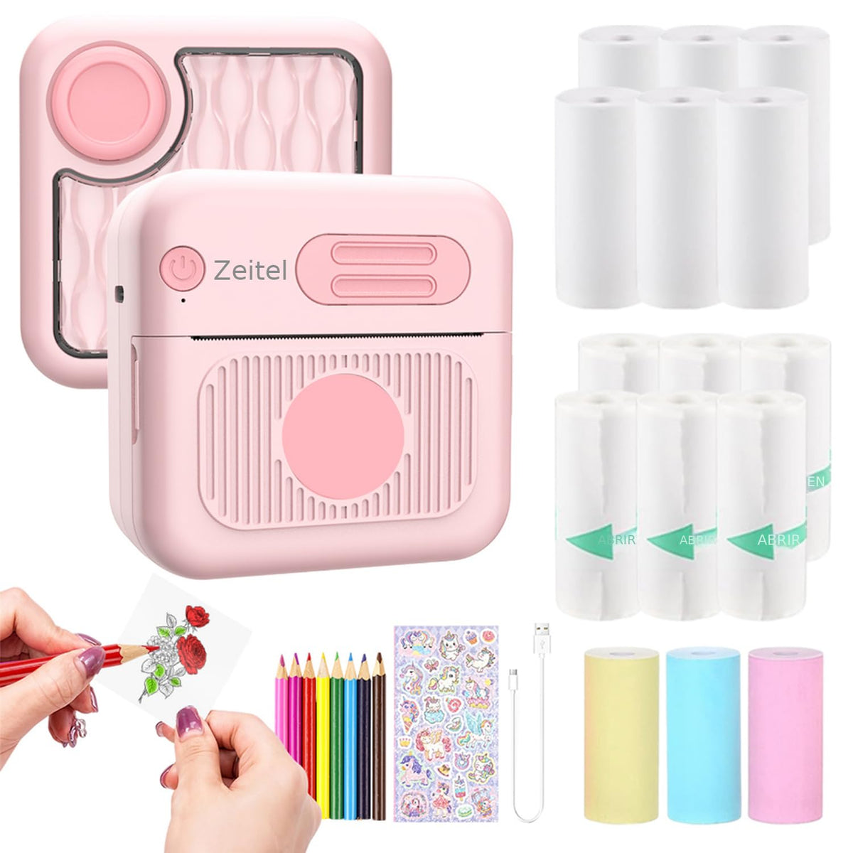 Zeitel® Mini Bluetooth Thermal Printer, Portable Label Inkfree Mini Printer for Android & iOS System, Black on White Thermal Printer with 15 Rolls of Print Paper, 8 Colors of Pencils, Stickers, Pink