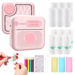 Zeitel® Mini Bluetooth Thermal Printer, Portable Label Inkfree Mini Printer for Android & iOS System, Black on White Thermal Printer with 15 Rolls of Print Paper, 8 Colors of Pencils, Stickers, Pink