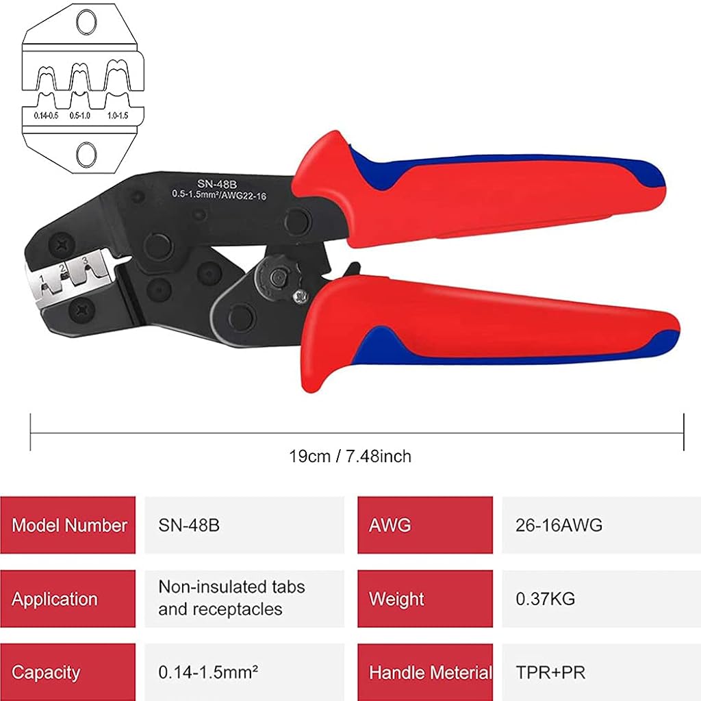 Serplex® Crimping Tool Kit, Adjustable Ratcheting Crimper Pliers with 600 Spade Connectors, Alloy Steel, AWG 22-16, for Home, Auto, and Audio Systems, 300 Wire Crimp Terminals and Sleeves