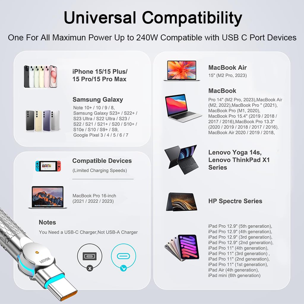 Verilux USB C Cable for Fast Charging with 180 Degree Rotating Head and 9.8 ft Length | LED Tip