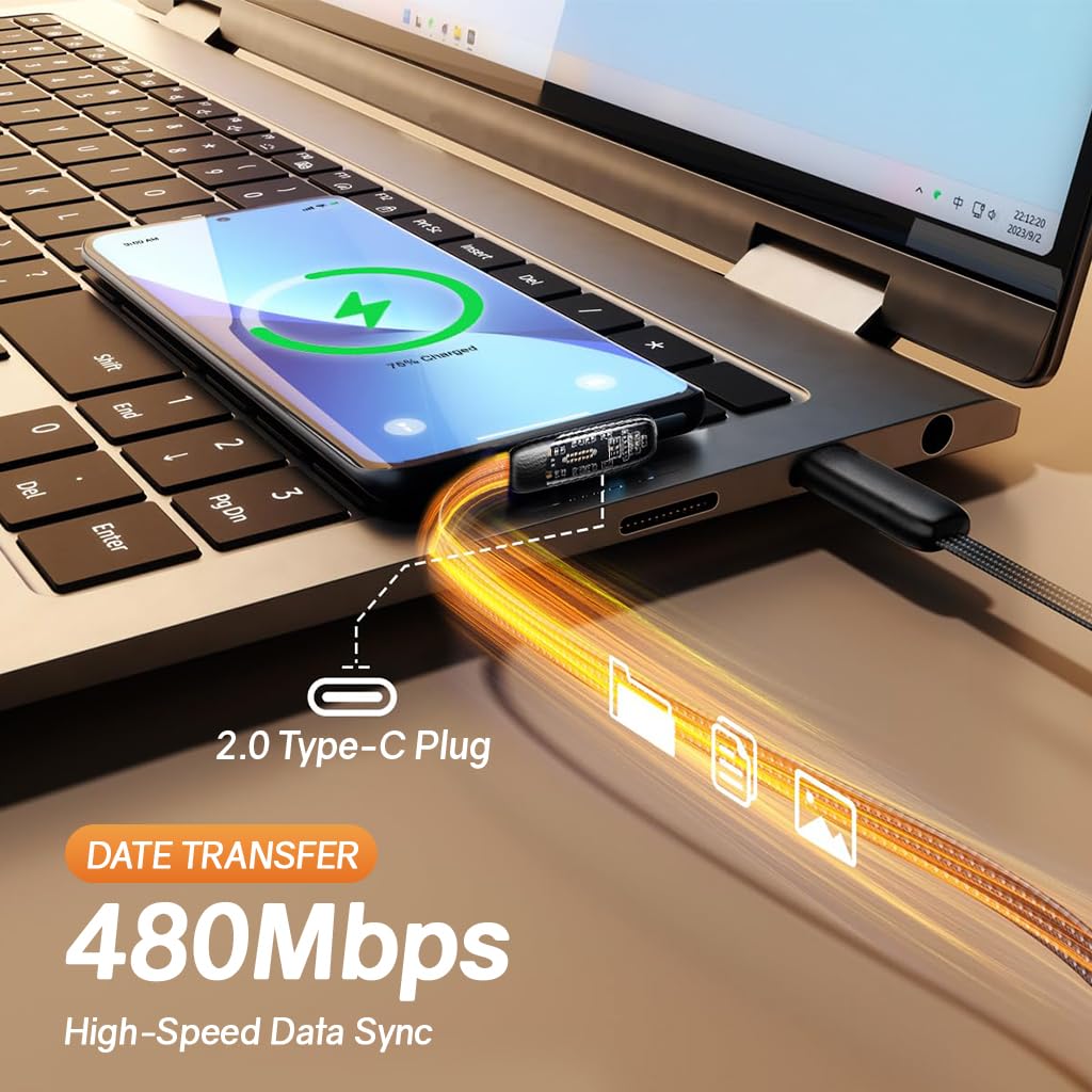 Verilux® PD 100W Type C Cable Fast Charging 6.6Ft,Right Angle C Type Charger Cable with No Tangle Flat Nylon Braid,Support 480Mbps Data Transfer for iPhone 17/17 Pro/17 Pro Max 16/15 Galaxy S25/S24
