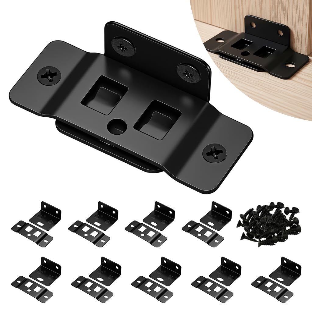 Serplex® 10 Pack 2-in-1 Locking Insert Brackets, L-Shaped 90° Angle Bed Frame Brackets & Rail Connectors Heavy-Duty Corner Brace Shelf Supporter for for Wood Furniture, Beds & Cabinet Structures