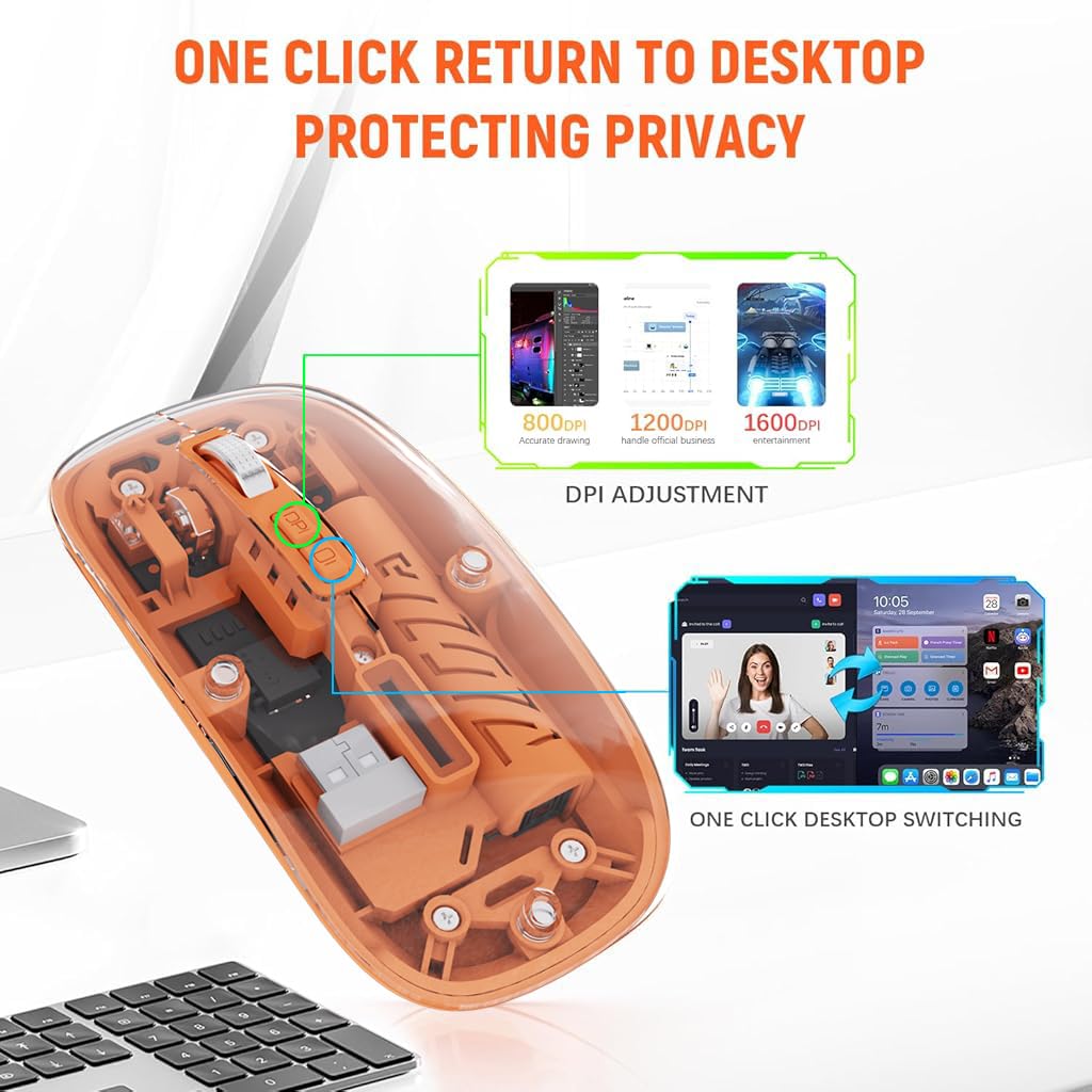 Verilux Wireless Mouse for Laptop with 2.4G and Bluetooth, 1600DPI, Transparent Orange Design