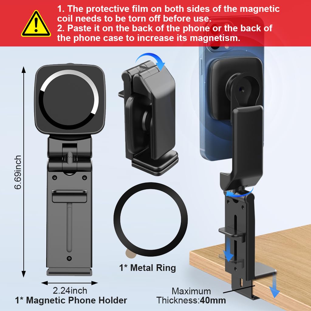 Verilux® Mobile Phone Stand, 360° Rotatable Mag-netic Phone Holder, Easy Clip On Phone Holder As Travel Accessories, Folding Travel Mag-netic Phone Holder for Desk, Airplane Seat Tray, Car Seat