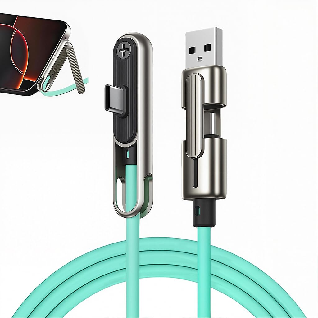 Verilux® PD 240W 2 in 1 Type C Cable Fast Charging with Stand,3.9Ft Right Angle C Type Charger Cable with 480MBPS Data Transfer for iPhone 17/17 Pro/17 Pro Max/16/15,Galaxy S25/S24 Blue-green