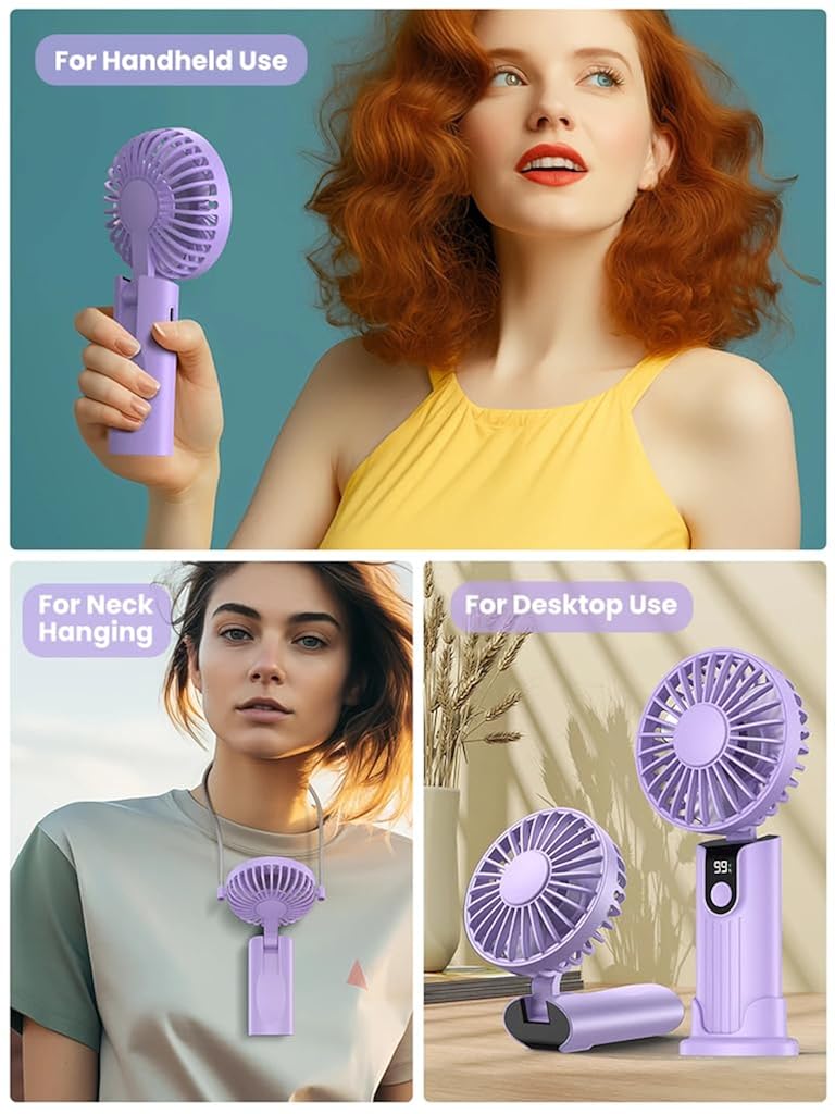 Verilux® USB Handheld Fan Mini Desk Fan Neck Fan with Detachable Neck Strap 3 in 1 VariableUSB Cordless 5000mAh Portable Pocket Cooling Fan for Travel, Hiking, Office, Purple