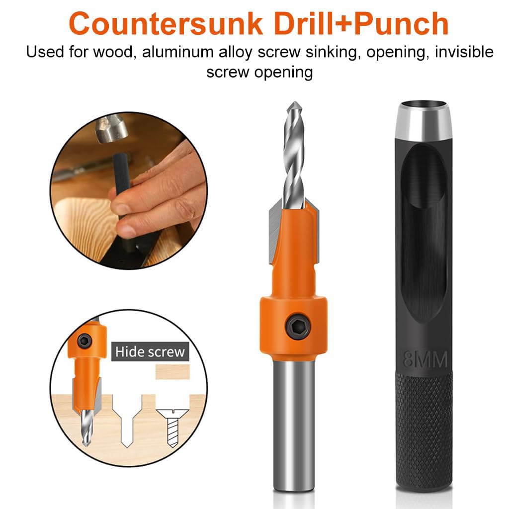 Serplex® 60PCS Wood Countersink Drill Bit Set 5PCS with Extra Pilot Tapered Bits 8mm Round Shank Counter Sinker for Woodworking