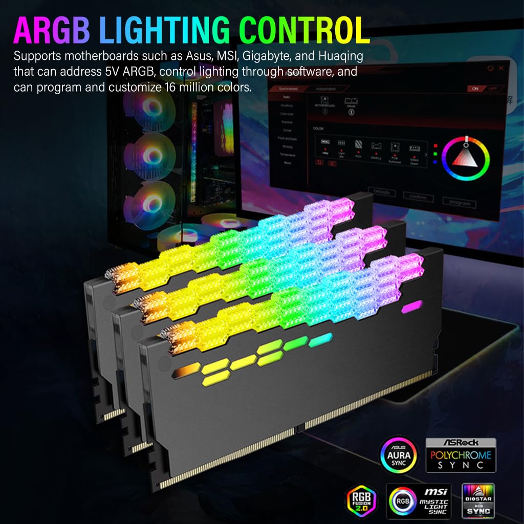 Verilux RAM Cooler for DDR3 and DDR4 with 10 LED ARGB Lighting | Aluminium Alloy Heatsink