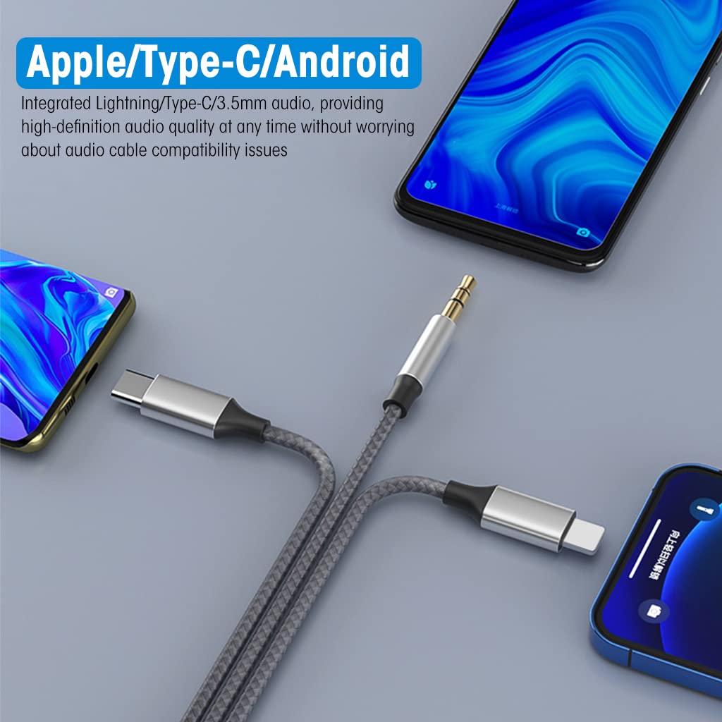 Verilux 3 in 1 Aux Cable for Car and Speakers with 1.2m Nylon Braid | Type C and Lightning