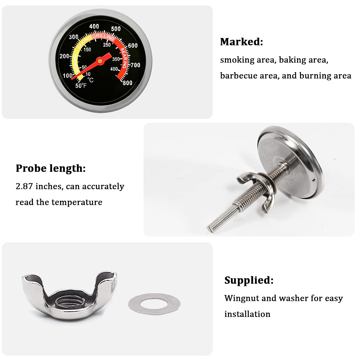 ZORBES® 430 Stainless Steel BBQ Charcoal Grill Pit Thermometer Smoker Temperature Gauge with Fahrenheit and Heat Indicator for Meat Cooking Lamb Beef