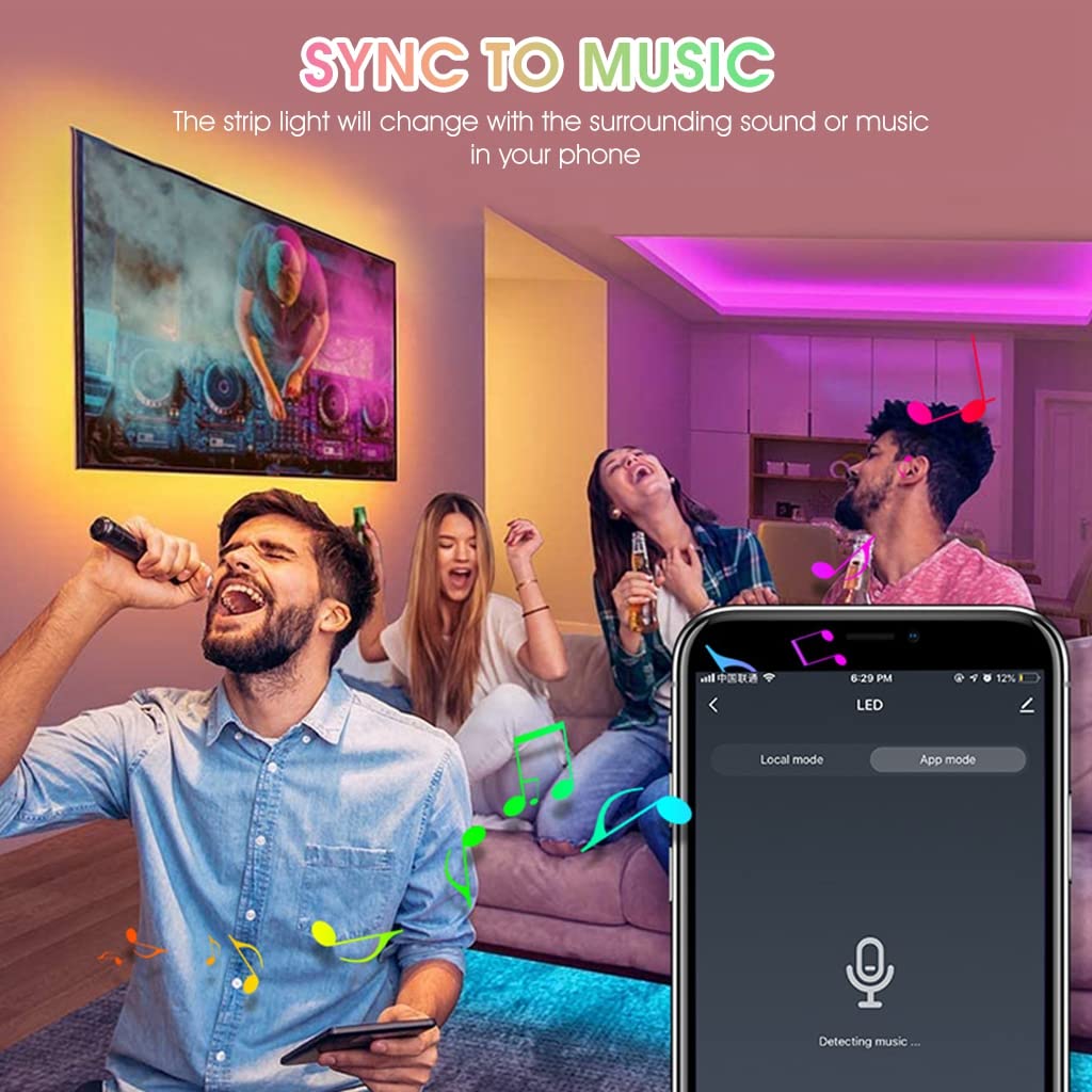 Verilux LED Light Strip for TV Background with Music Sync Bluetooth App Control | Works with Alexa and Google Assistant