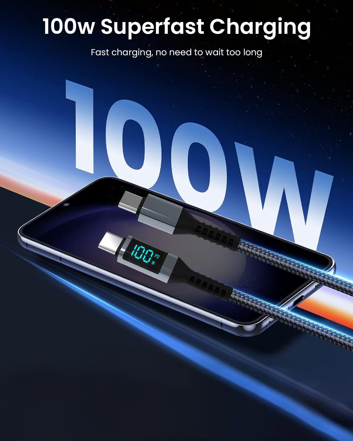 Verilux® Type C to Type C Cable, 3.9Ft USB Type C Cable with LCD Display 100W Fast Charging & Data Transfer Male to Male C Type Extension Cable Compatible with MacBook Pro/iPad Pro/iPad Air/GalaxyS20