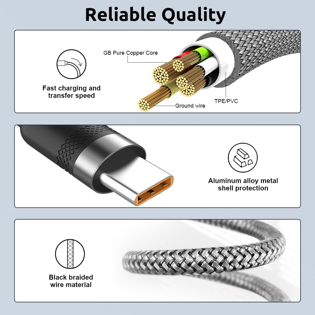 Verilux® 10Ft/3M USB to Type C Cable, 5V/2A C Type Cable Fast Charging Nylon Braided Data Cable, Support 480Mbps Data Transmission Compatible with Phone, Tablet, Ps5 & More C Type Device, Silver 3 PCS