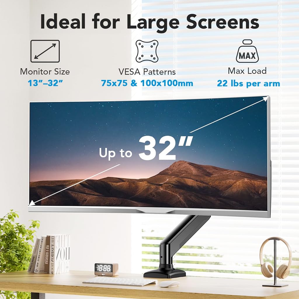Verilux® Desk Monitor MountAluminum Alloy Monitor Arm Desk Mount with Flexible Arm 360° Rotatable Monitor Screen Mount Screw-Mount Single Monitor Mount for 1332 Screens up to 22 lbs